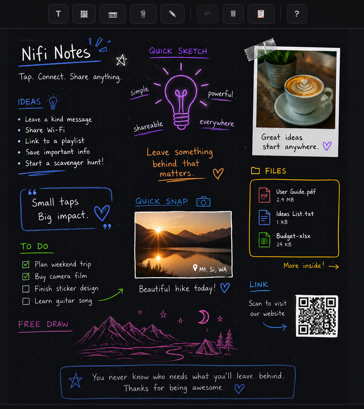 A Nifi Note in the free-note editor — text, image and checklist content arranged on the canvas