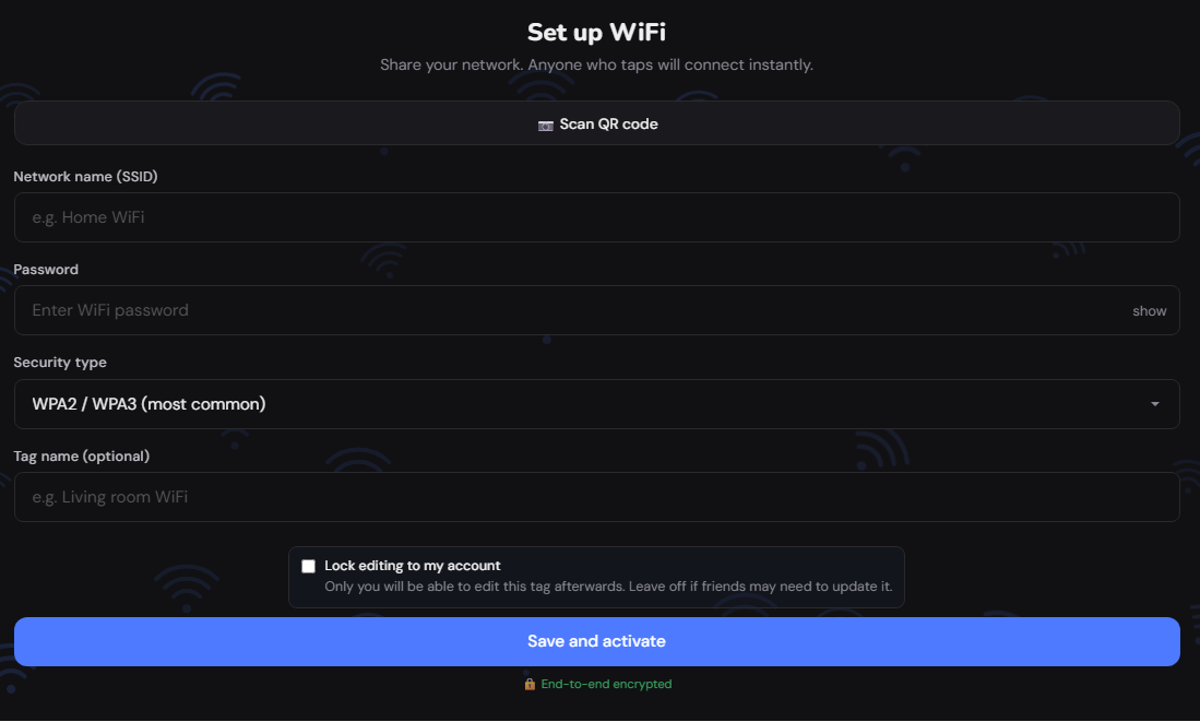 The Nifi Notes WiFi setup screen — SSID, password, security type and tag name fields with a Save and activate button
