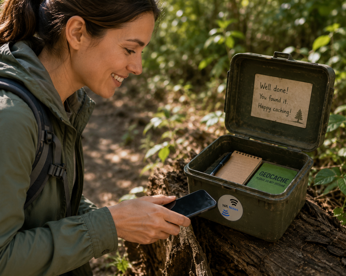 An explorer tapping their phone onto a geocache box to log their visit