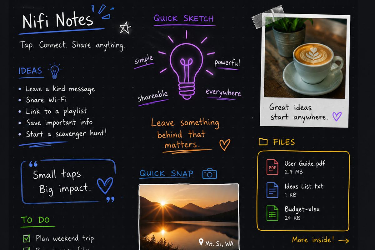 A Nifi Note filled with handwritten ideas, a sketch, photos and files