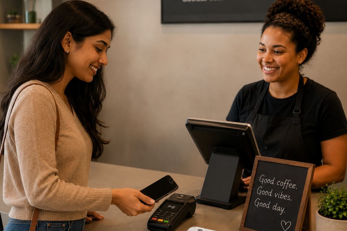 A customer paying by phone at a market counter